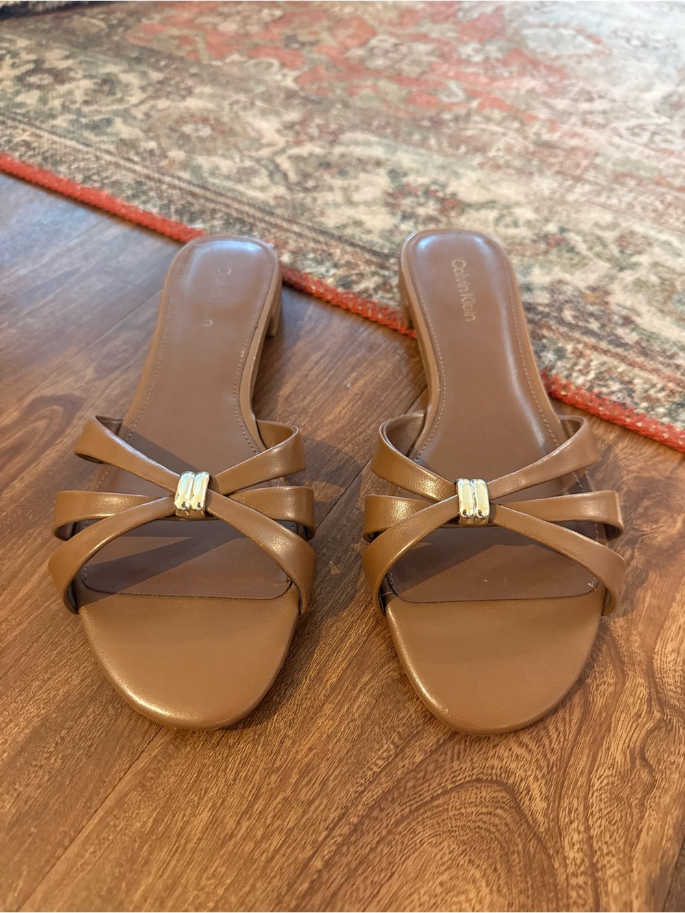 Calvin Klein Tan Crisscross Slide Sandals with Gold Accent